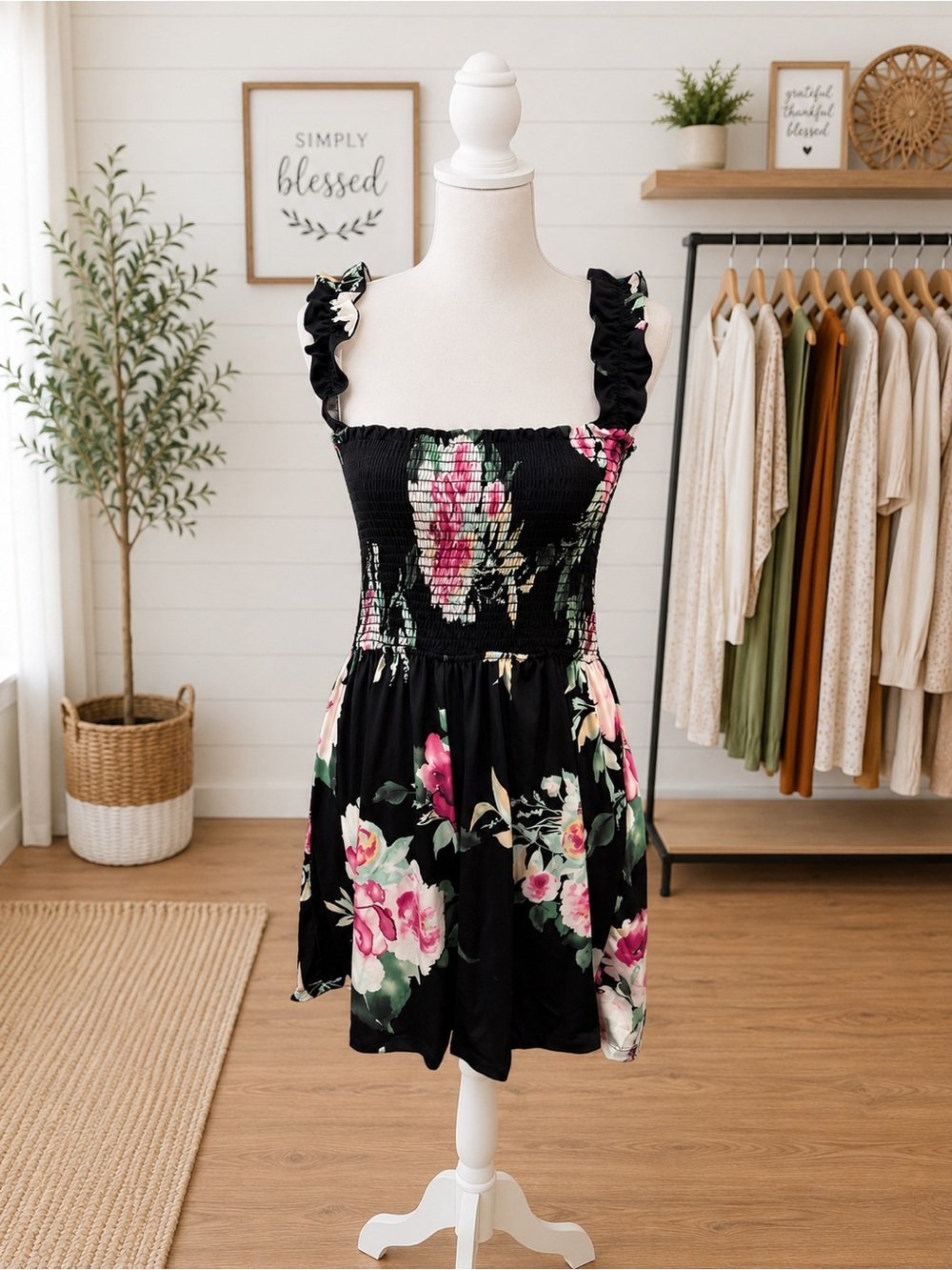 White Birch Black Floral Smocked Romper On/Off Shoulder Stretchy Large XL